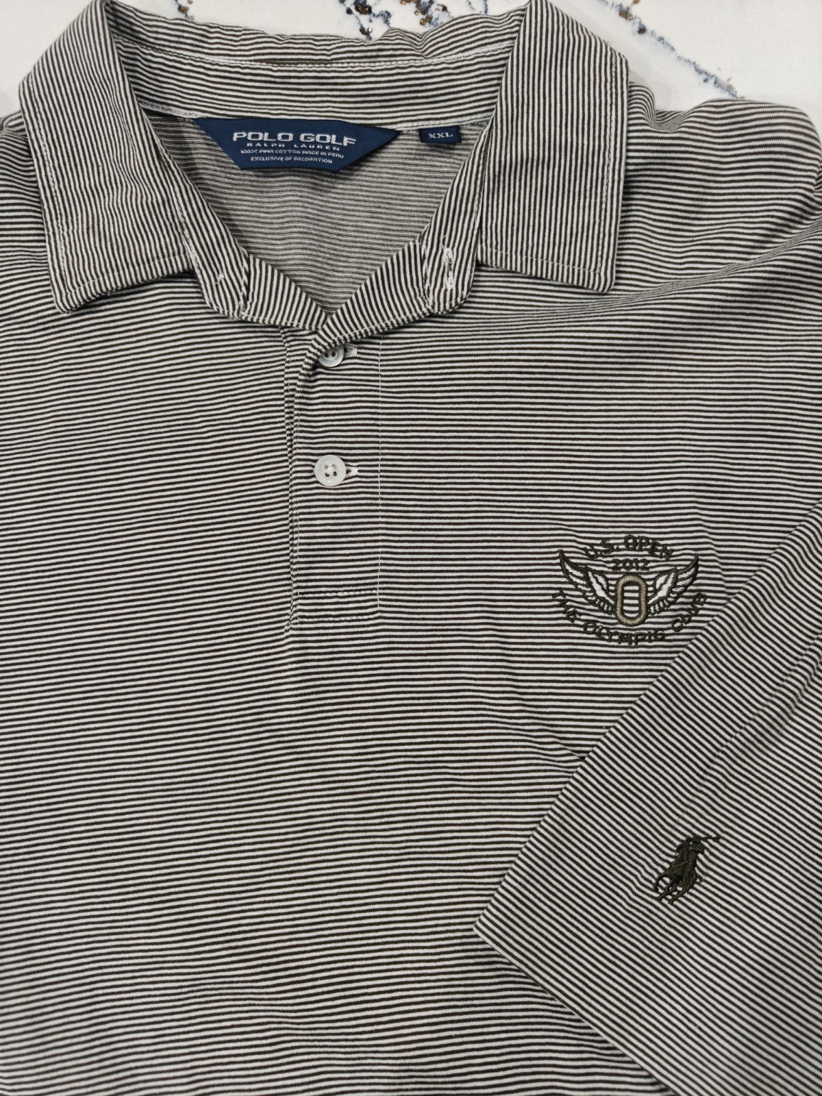 Polo Golf Ralph Lauren Polo Shirt Mens XXL 2XL White Olive Striped US Open 2012