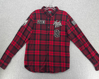 Headrush Shirt Men M Red Black Plaid Flannel Button Down Embroidered F.F.T.B