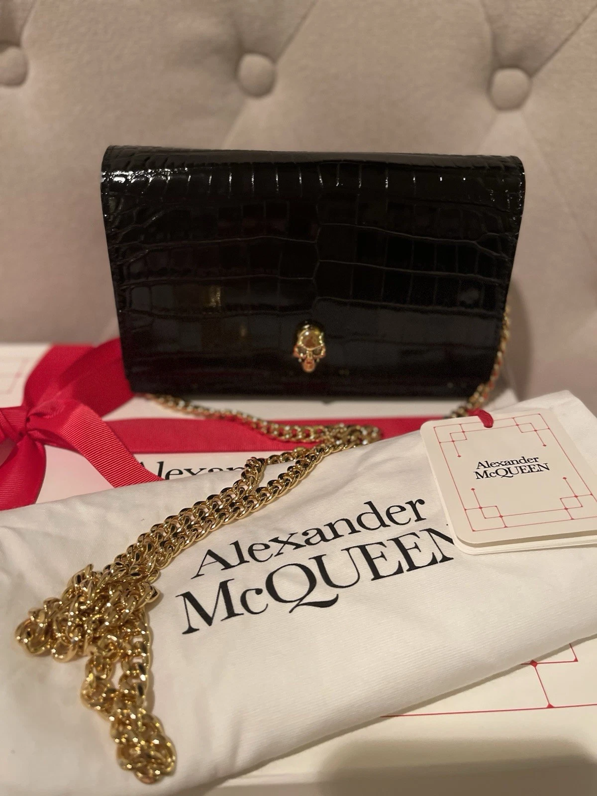 Alexander McQueen — ALEXANDER MCQUEEN Black Croc Embossed Leather Skull Chain Bag NWT Gift Box $990