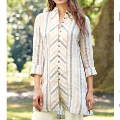 Soft Surroundings Inez Button Up Tunic 100% Linen Women s Large Striped Beige