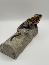 Hand Beaded Huichol Mexican Folk Art-Signed Iguana Lizard on Ceramic Log