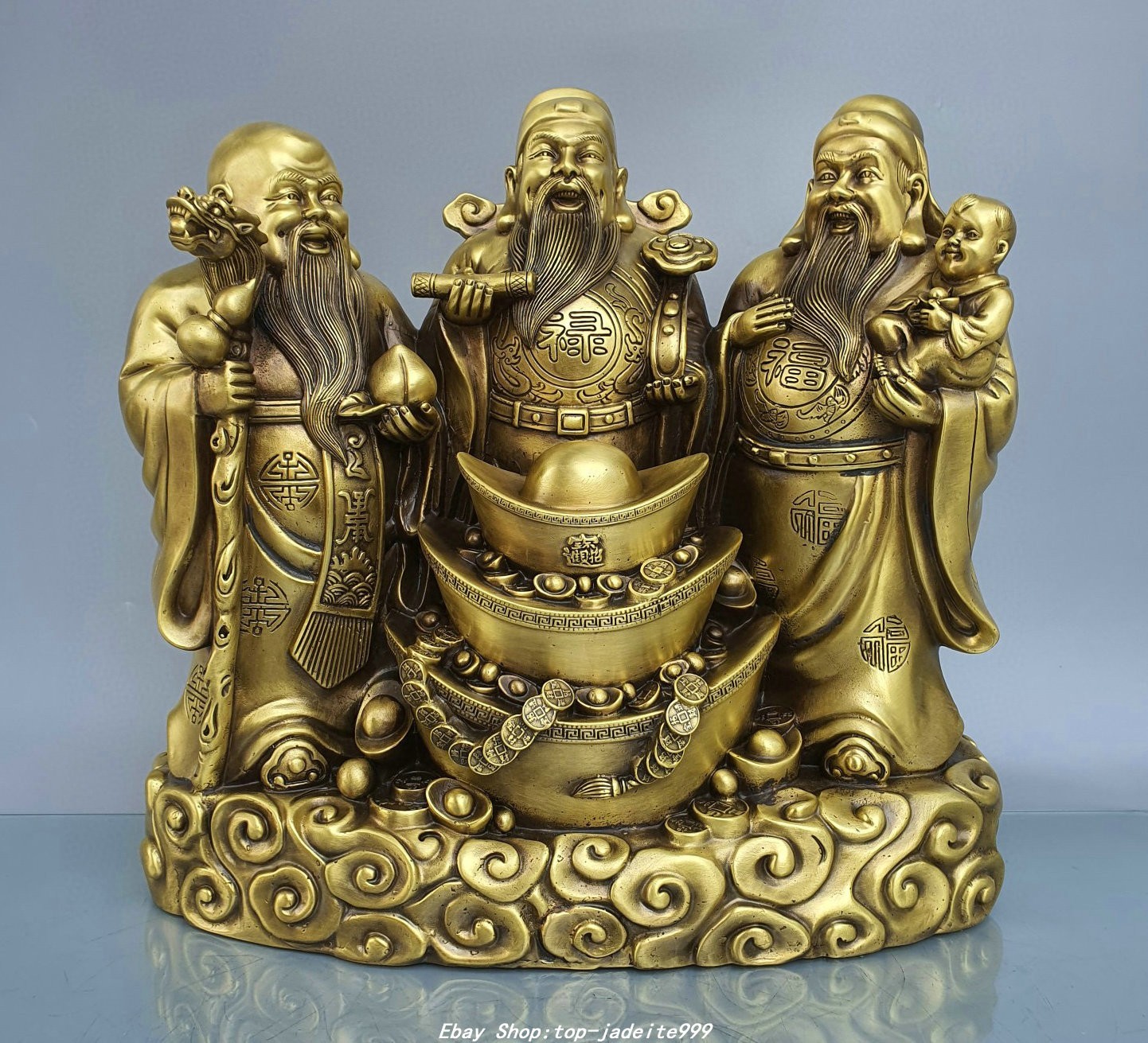 10.6" Old Bronze Gilt 3 Longevity God Fu Lu Shou Life Tongzi Yuanbao Statue