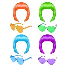 Colored Wig and Heart Sunglasses Set Neon Wig Short Bob Hair Wig with Bangs