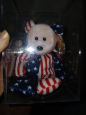 TY Beanie Baby Spangle The Pink Face Bear Patriotic Retired W/case
