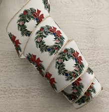 5 YARDS CHRISTMAS WREATHS PRINT WIRED EDGE RIBBON,  2 1/2" Wide