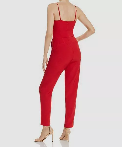 195 C Meo Collective Women s Red Belted Straight Leg Pocketed Jumpsuit Size 4