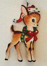 REINDEER w/ SANTA HAT, WREATH & BOW * Glitter CHRISTMAS ORNAMENT * Vtg Img