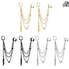 2pcs Tassel Ear Cuff Crawler Climber Earrings Small Hoop Feather Leaf Dangle Set