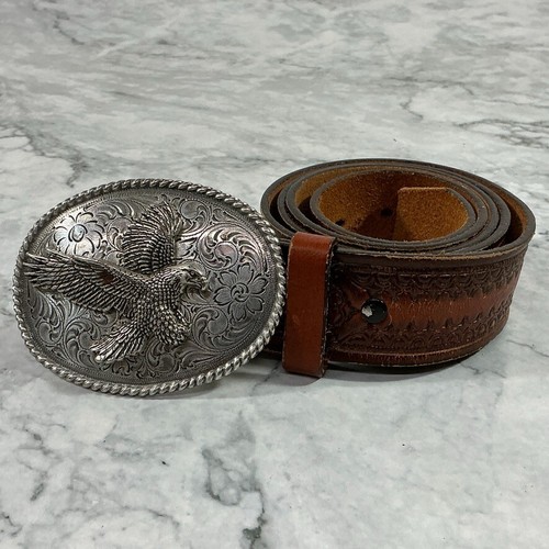 Vintage Argent Aigle Ceinture Boucle Avec 42 " Travaillé Cuir Ceinture - Photo 2 sur 12