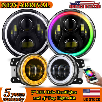 7'' LED Halo RGB Headlights & 4'' Fog Lights Combo Set For Jeep Wrangler JK TJ LJ