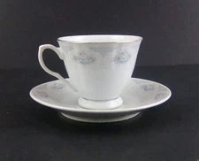 Porcelain Cup and Saucer Blue Flowers and Platinum Rim