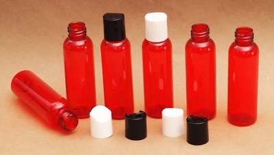 New  4 Oz Plastic Bullet Red PET Bottles w/Dispensing  black caps   12 pack