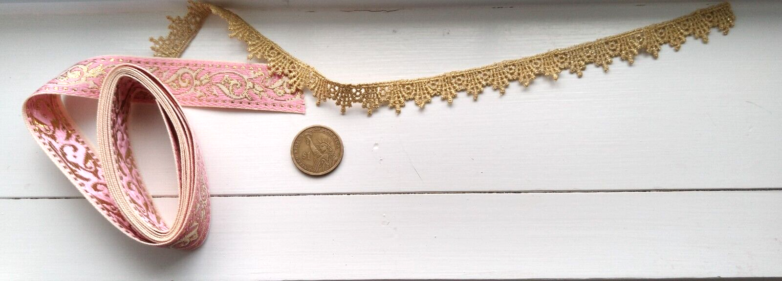 NEW Jacquard Pink Gold Trim Ribbon Gold Shimmer Lace Trim Lot Assorted 2pcs eBay