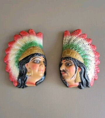 Vtg Mexican Souvenir Pottery Aztec Chalkware Wall Art Hidden Bank Handmade Pair