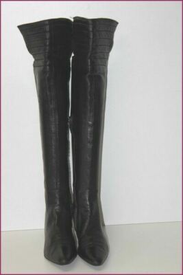 Bottes Genoux René Caty En Cuir Noir Talons Triangulaires - Taille 38 (US 6.5), Vintage, Très Bon état