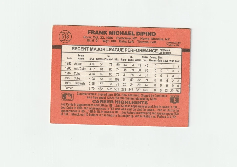 💥VERY RARE ERROR💥- Frank DiPino #464 - 1990 Donruss - Missing dot after INC.  - Image 2 of 2