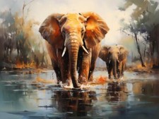 Wandbild: Afrikanische Elefantenfamilie in der Nähe einer Wasserstelle. [...]