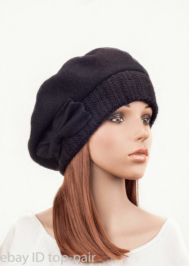 M484 Black Women Cute Bow Warm Cashmere Wool Winter Beret Hat