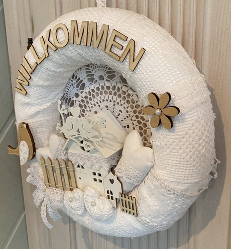 Handgefertigter Romantik Deko Kranz Häkelspitzen Vogel Pärchen Willkommen -309 - Bild 3 von 8