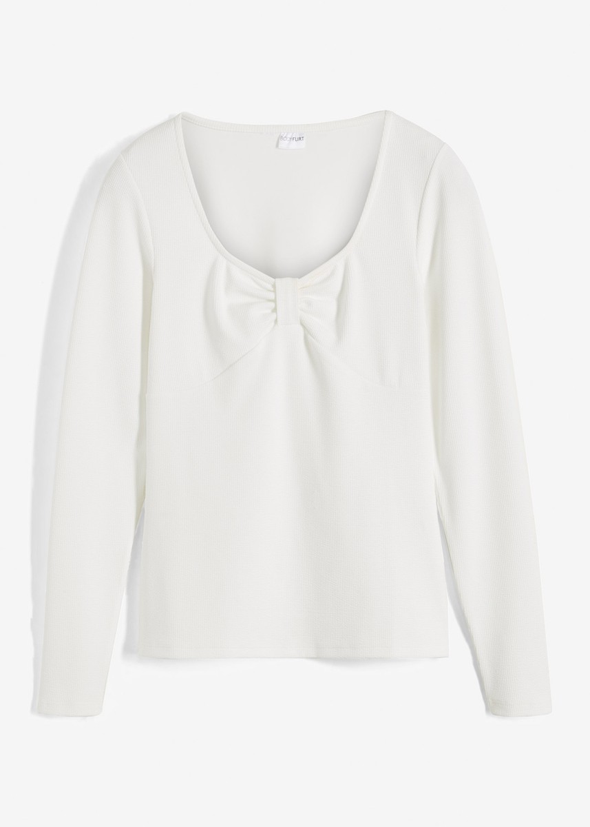 Neu Langarmshirt mit tiefem Ausschnitt 44/46 Wollweiß Damen