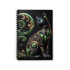 Spiral Notebook Ruled Line 3D Art Nouveau Black Cat Green Style Design 10, Gift