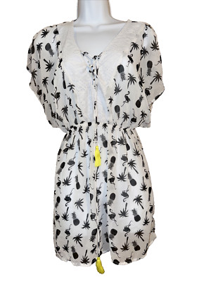MIKEN Swim Cover Up Dress Sz M White Pineapple Palm flamingo Beach ...