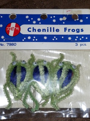 3 Vtg FCM Chenille Frogs. NEW,Sealed, Goggle Eyes, Wired, Fibre Craft Material 