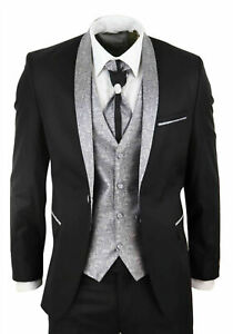 Mens 4 Piece Wedding Suit Groom Shawl Collar Vintage Black Silver Cravat Tailor 