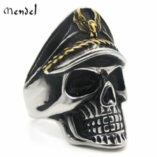 MENDEL Mens Stainless Steel WW2 WWII Skull Biker Ring For Men Silver Size 7-15