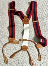 VTG Brooks Brothers Suspenders Leather Red And Navy Striped Made in England