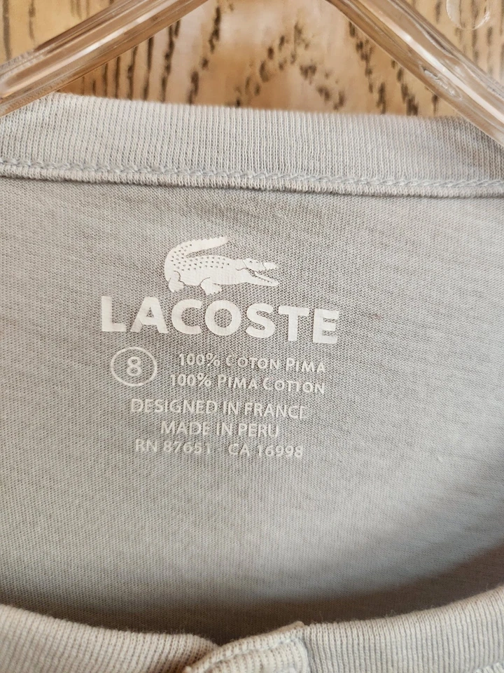Lacoste Sz 8 White Pima Cotton Alligator Embroidered Henley Short Sleeve - Image 2 of 4
