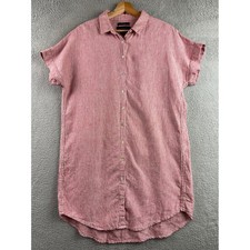 Tahari Red White Striped 100% Linen Button Front Short Sleeve Shirt Dress M
