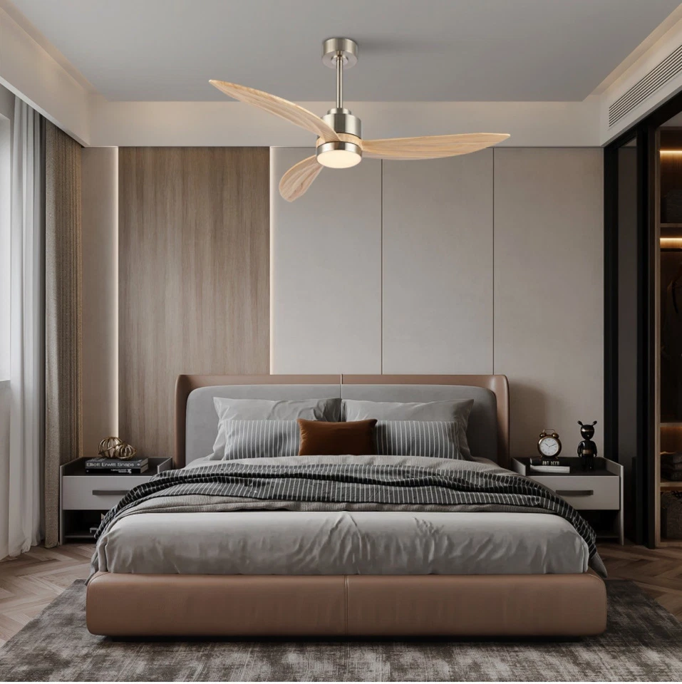 52" 3-Solid Wood Blade Propeller indoor LED Ceiling Fan, Nickel and Wood Fan. - Image 2 of 4