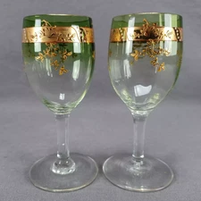 Pair of Signed Moser Raised Gold Floral Green & Clear Claret Wine Glasses