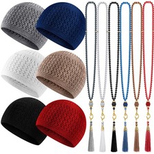 12 Pcs Kufi Hats for Men and Muslim Prayer Beads Set 6 Handicraft Knitted Hat...