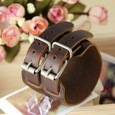 Genuine Leather Bracelet Cuff Strap Punk Wide Belt Bangle Wristband Women  Men