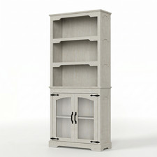 70" White Farmhouse Tall 5-Tier Bookcase with Glass Doors 3 Open Shelves