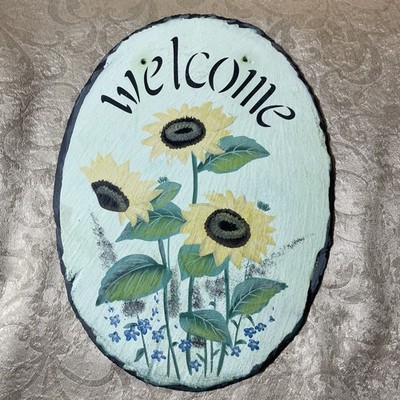 Slate Wall Hanger. Hand-painted. Beautiful Condition. Sunflowers/Forget Me Nots