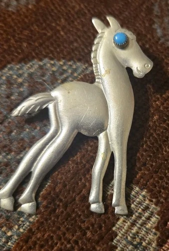 Vtg Metal  Silvertone Foal Horse Turquoise Eye Costume Jewelry Brooch Pin