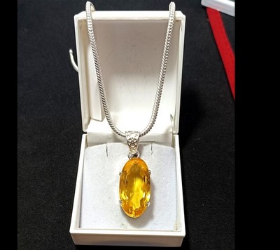 42.00 Ct Stunning Yellow Topaz Gems Oval Cut Sterling Silver Pendant With Chain