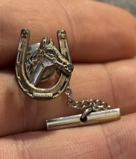 Vintage Horse head tie tack Pin STERLING SILVER with Chain toggle Horseshoe NR