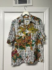 Vintage Japanese Samurai AOP Rayon Button Up Shirt, Size Large, Made in Hawaii