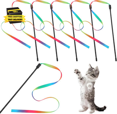 5 PCS Cat Ribbon Toy, String Cat Toy, Interactive Colorful Teaser Wandstring wit