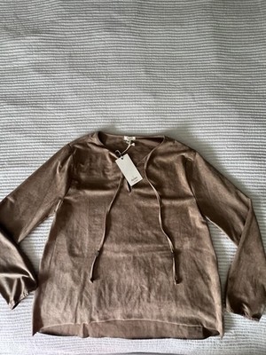 Dylan Taupe Brown  V-Neck Tie Detail Blouse Size L NWT
