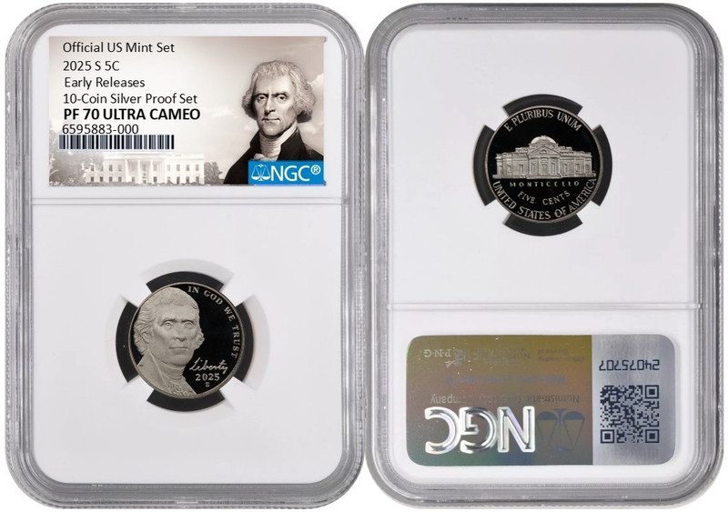 2025 S Jefferson Nickel 5C From 10 Coin Silver Proof NGC PF 70 UC Early Releases