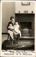 Bamforth RPPC marriage comic WEDLOCK IS PADLOCK husband babies 1907 GLENBURN CA