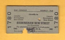 Railway Ticket ~ BR(W) 2nd Single - Llanelly to Birmingham New Street - 1965
