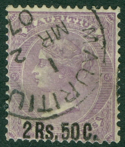SG 91 Mauritius 1878. 2r.50 auf 5/- mauve. Sehr schöne gebrauchte Katze 38£