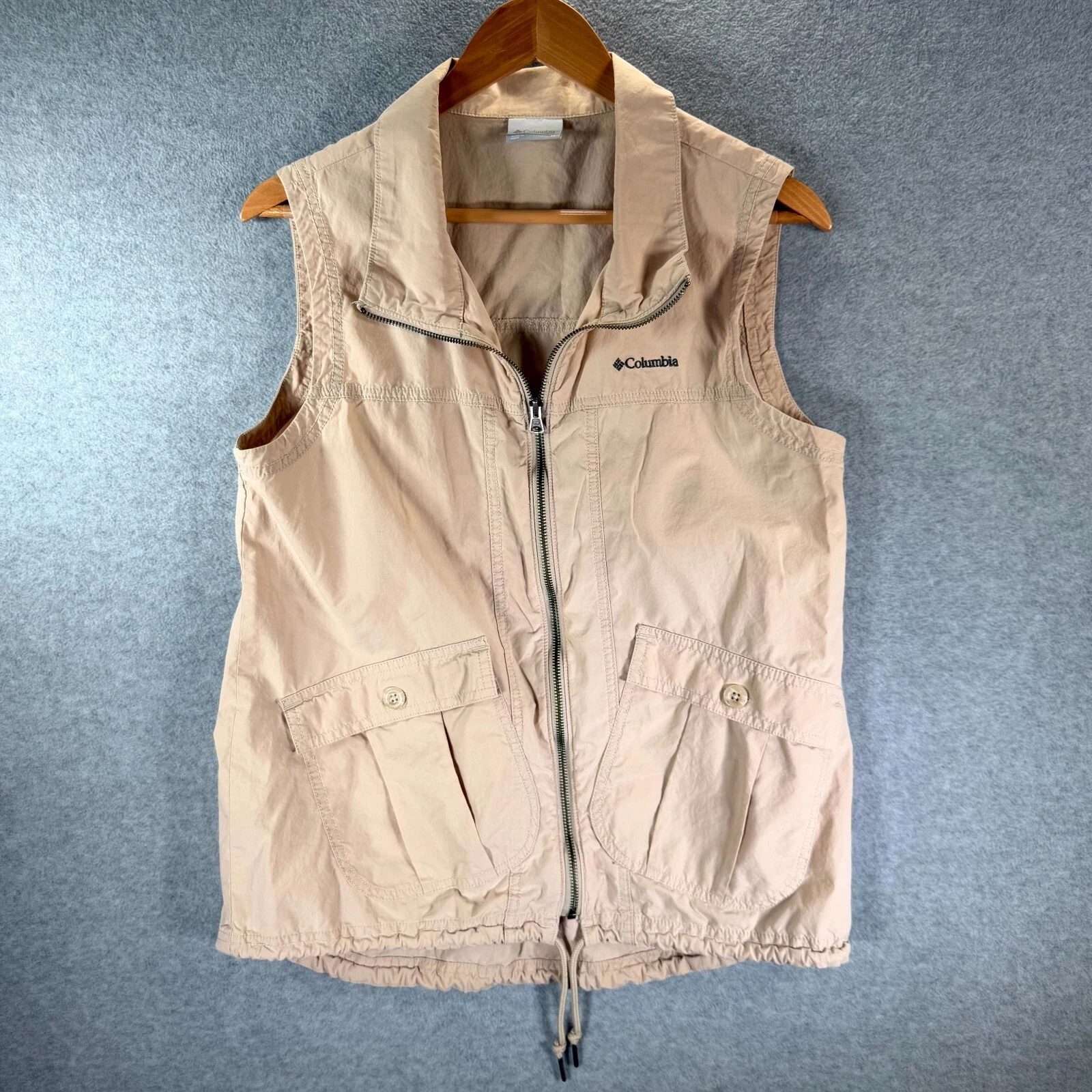 Columbia Utility Vest Men's Medium Tan Collared Drawstring Outdoor Fishing