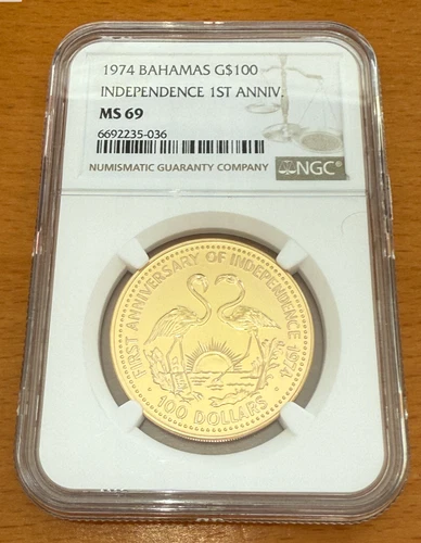 Bahamas 1974 Gold $100 NGC MS69 1st Independence Anniversary